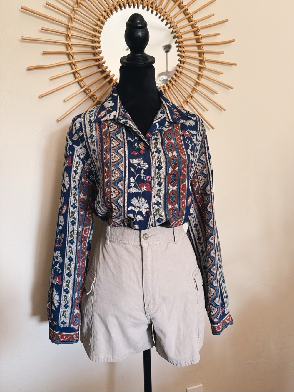 Women's Navy Floral Stripe Button-Up Blouse